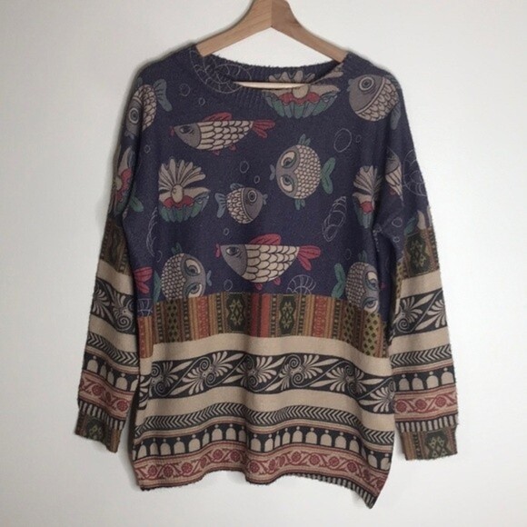 YESNO ladies cotton wool super soft fish graphic pullover long sleeve sweater - Picture 1 of 10